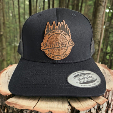 Morning Wood Lumber Co We Work Hard Leather Patch Trucker Hat
